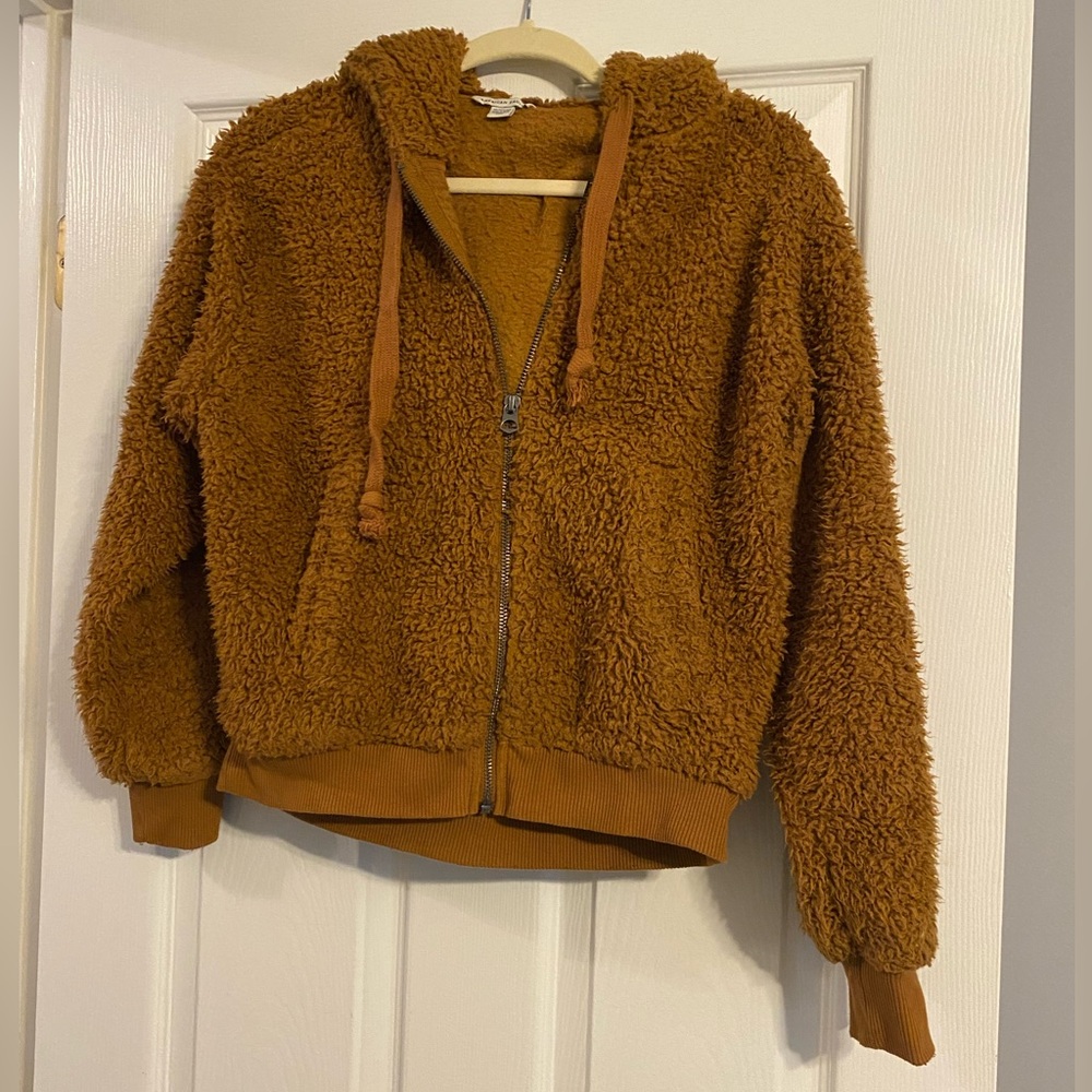 American Eagle Golden Yellow/Orange High-Pile Sherpa Fleece Zip-Up Hoodie